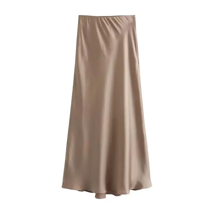 Jupes mi-longues en Satin fluide pour femmes, taille haute élastique, soyeuses, longues, couleur uni