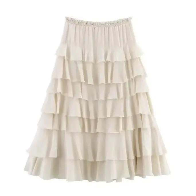 Jupe midi décontractée superposée pour femme, jupe à volants étagés, taille haute élastique, jupe fl