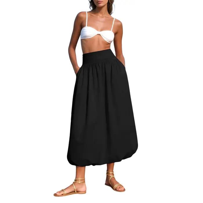 Jupe longue bouffante 2026 pour femme, taille haute élastique, en coton fluide, à volants, style bal