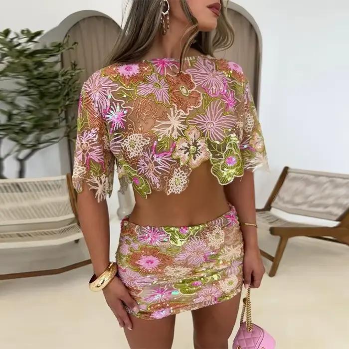 Rétro brodé paillettes haut jupe longue ensemble dame Sexy irrégulière hauts courts Perspective perl