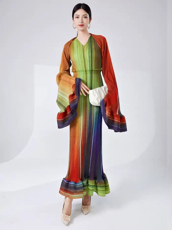 Robe longue plissée à effet dégradé, robe deux pièces élégante et amincissante, robe de soirée haut 