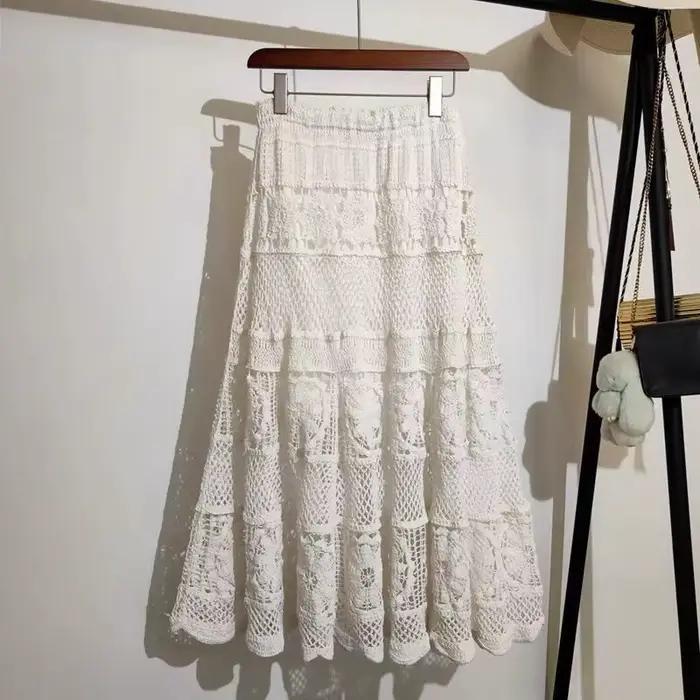 Jupe rétro creuse en Crochet, jupe mot A à taille élastique pour femmes, nouvelle robe en dentelle t