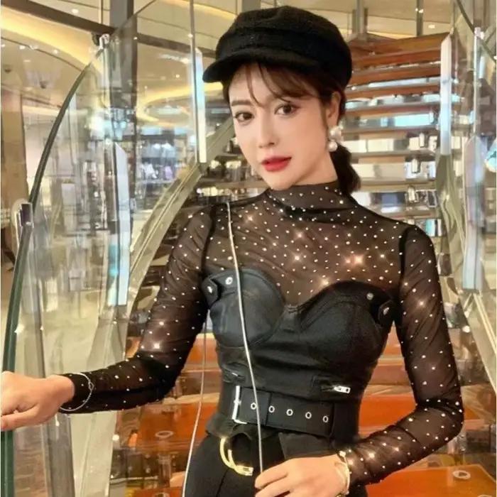 Haut en maille de dentelle transparente, chemise de Base d'épissure de paillettes intérieures transp