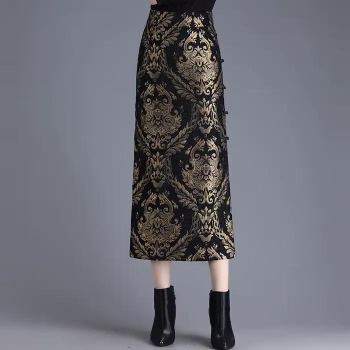 ZUZK velours or gaufré jupe droite femmes automne hiver nouveau rétro coupe ajustée corps fendu mi-l