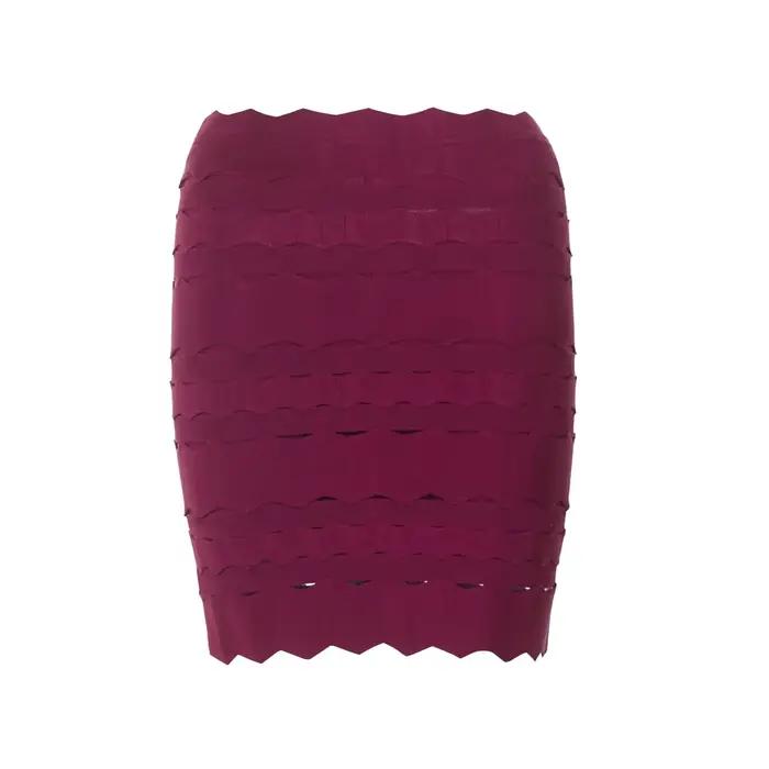Mini-jupe élégante à bandes rouge vin – Jupe moulante taille haute à ourlet festonné pour femme