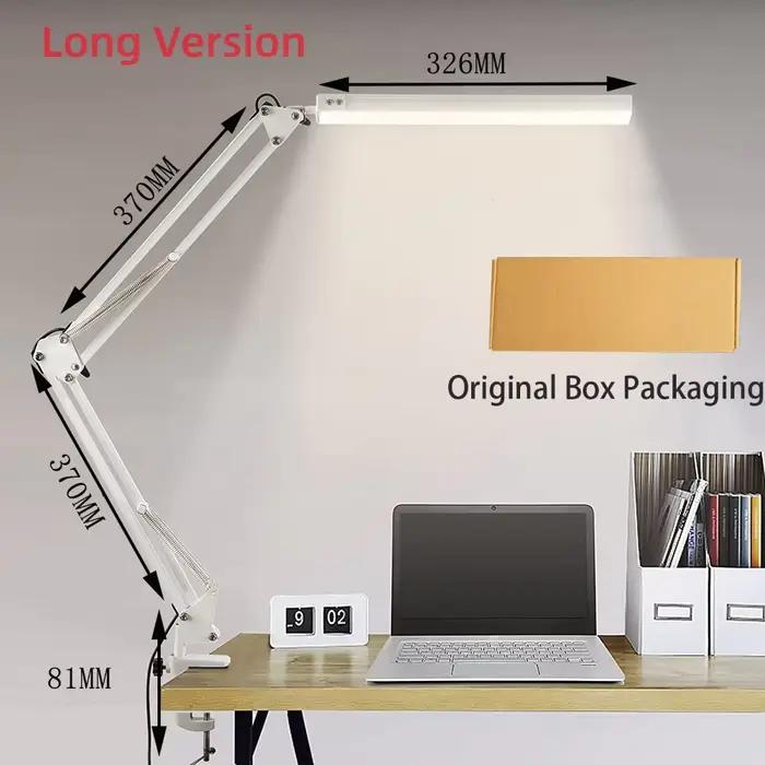 Lampe de bureau LED à bras long, pince pliable, lumière de soin des yeux réglable avec 3 modes de co