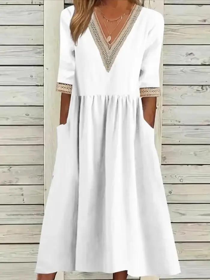Robe mi-longue décontractée chic vintage en coton et lin à col en V et manches courtes pour femme – 