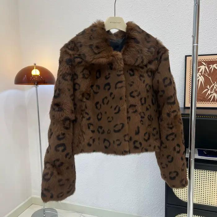 Manteau de luxe en véritable fourrure de lapin pour femme, imprimé léopard marron, veste d'hiver cha