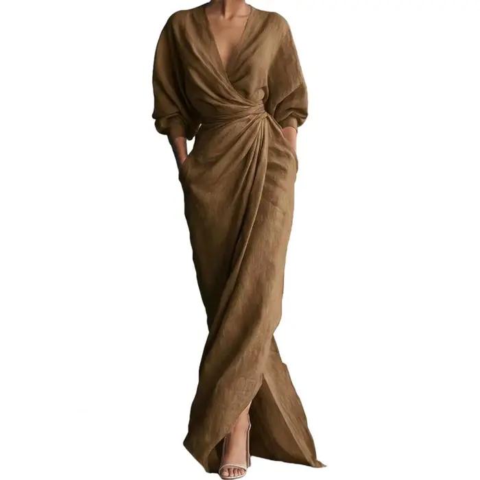Robe longue moulante élégante pour femme, col en V, taille nouée, manches longues, fendue, couleur u