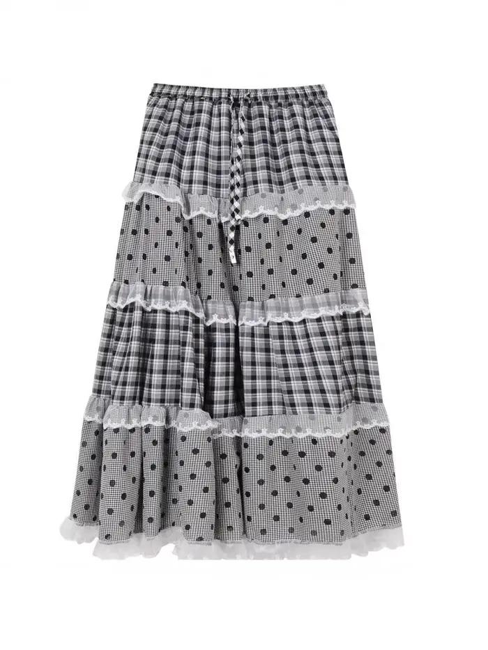 Jupe longue en dentelle française avec empiècements en dentelle à pois noir et blanc, nouveau design