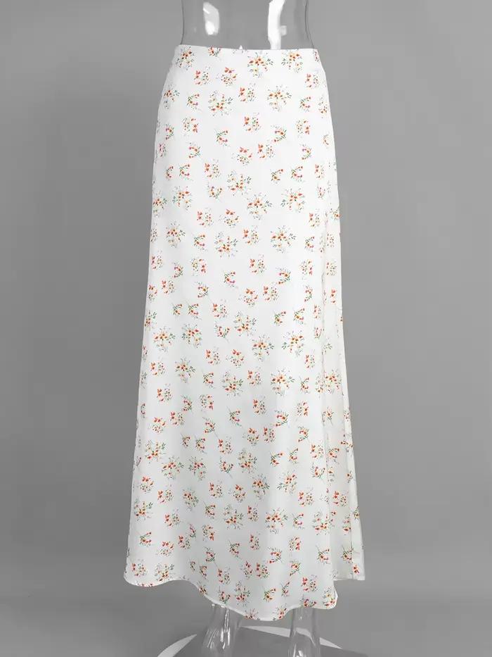 Jupe longue en Satin imprimé Floral pour femmes, taille haute, fermeture éclair, Slim, ligne a, bas 