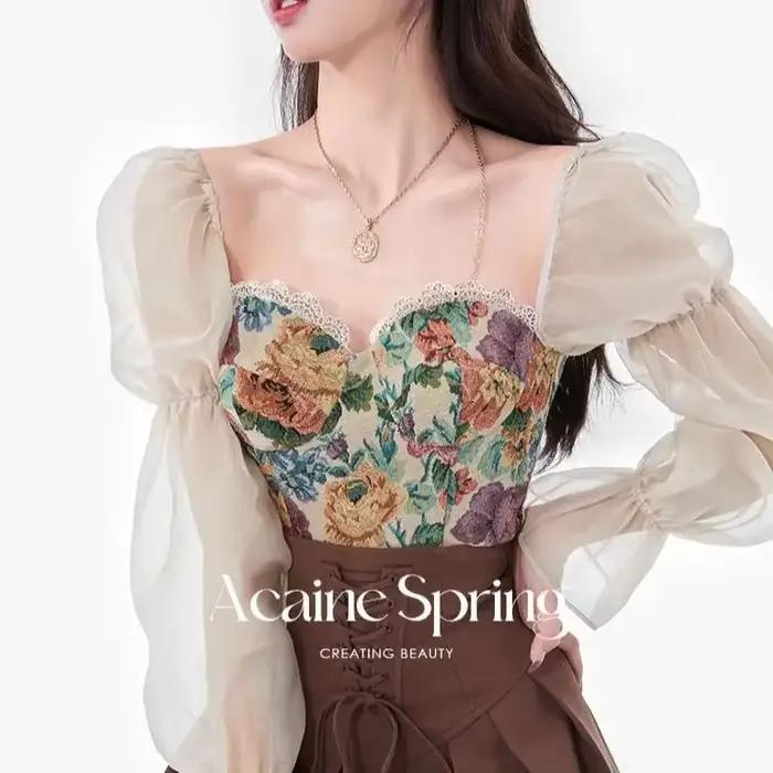 Ensemble de robe à manches bouffantes en dentelle douce pour femmes, fouet design, peinture à l'huil