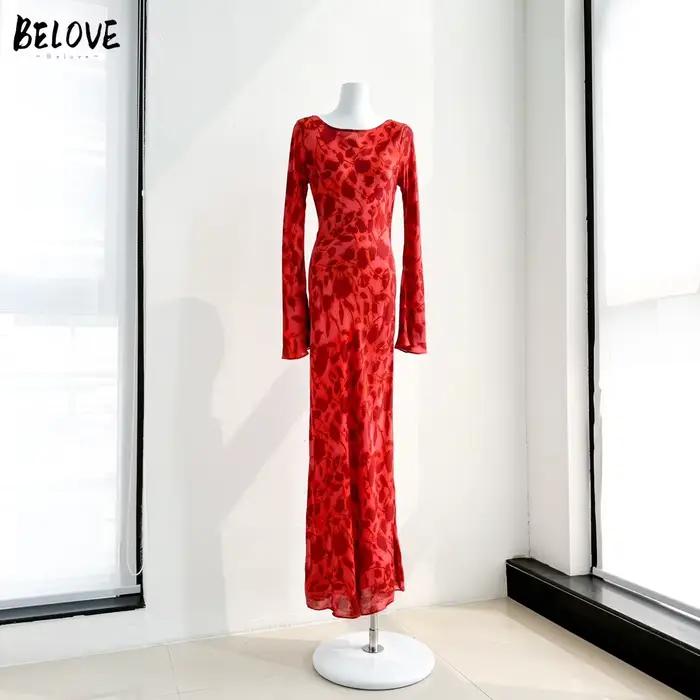 Robe Extra longue pour femmes, col rond, Style rétro, imprimé floral, 100% soie, manches évasées