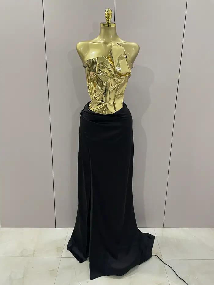 2025 nouveauté couleur or Sexy à lacets hauts 2 pièces ensemble robe longue femmes célébrer soirée c