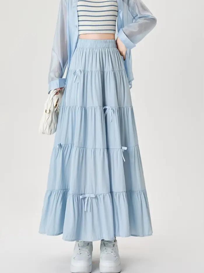 Arc doux jupes longues femmes élégant Style Preppy taille haute une ligne jupe mignon japon ample dé