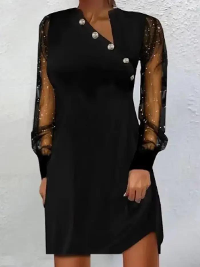 Robe mi-longue noire élégante pour femmes, asymétrique, col en v, boutons, Chic, paillettes, manches