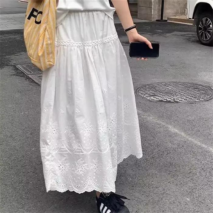 Nouvelles femmes d'été doux blanc coton Crochet jupe longue printemps 2025 jupes décontractées à lac