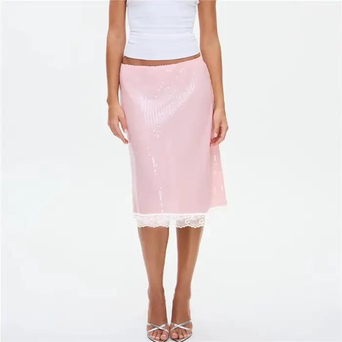 Jupe crayon mi-longue rose à sequins pour femme, taille haute, moulante, avec bordure en dentelle et