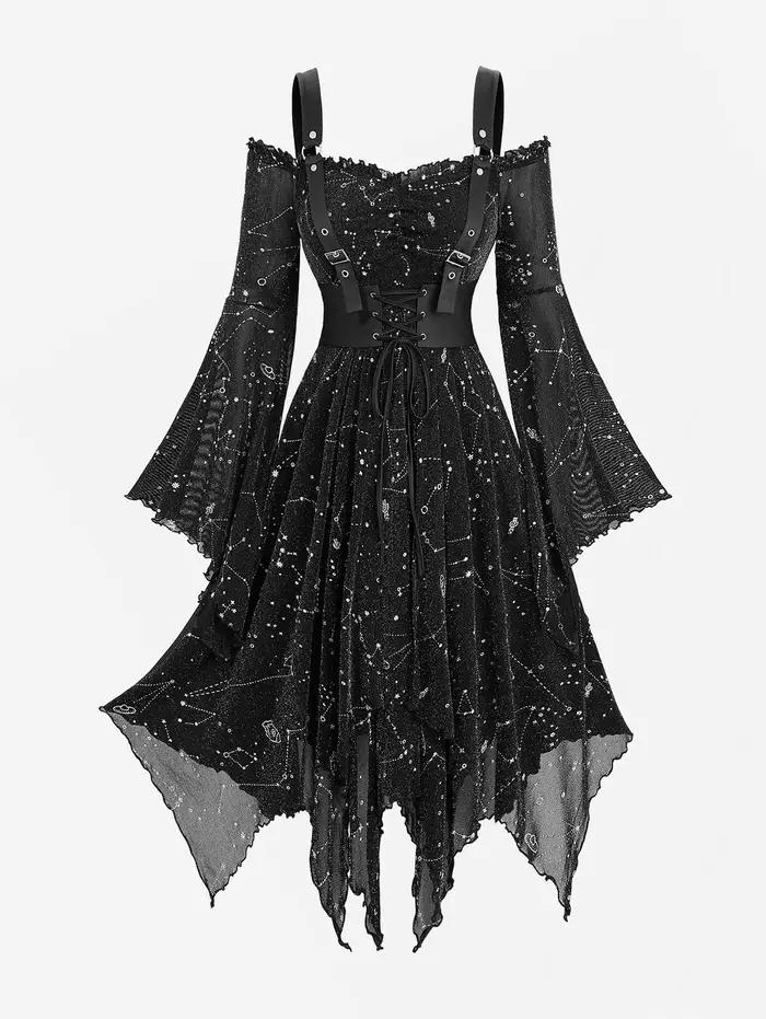 Robe gothique noire victorienne Punk, imprimé galaxie argent, manches longues évasées, épaules dénud