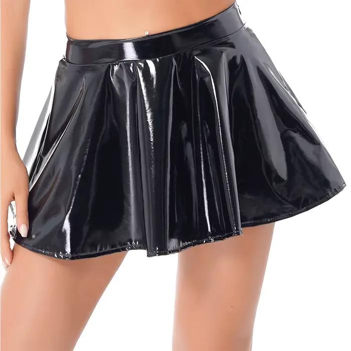 Jupe plissée en cuir verni PVC pour femme, jupe évasée brillante style patineuse, mini-jupe avec fer