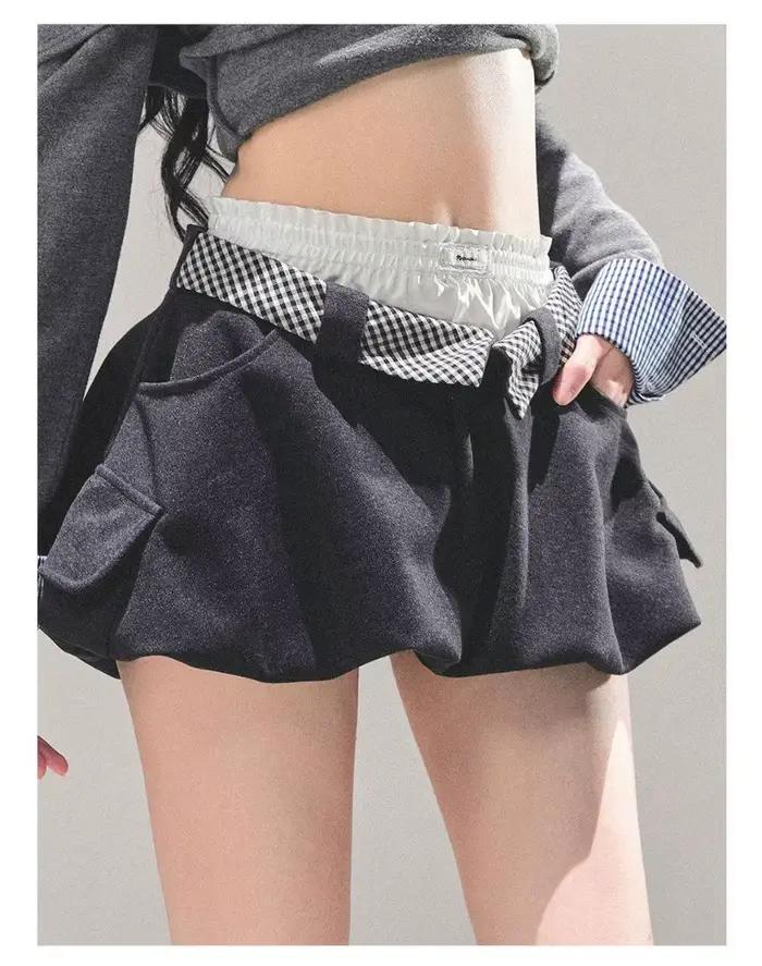 Femme Boule Bouffante Mini Jupe-Plaid Noeud Détail, Taille Haute Casual Bas, Y2K Esthétique Streetwe