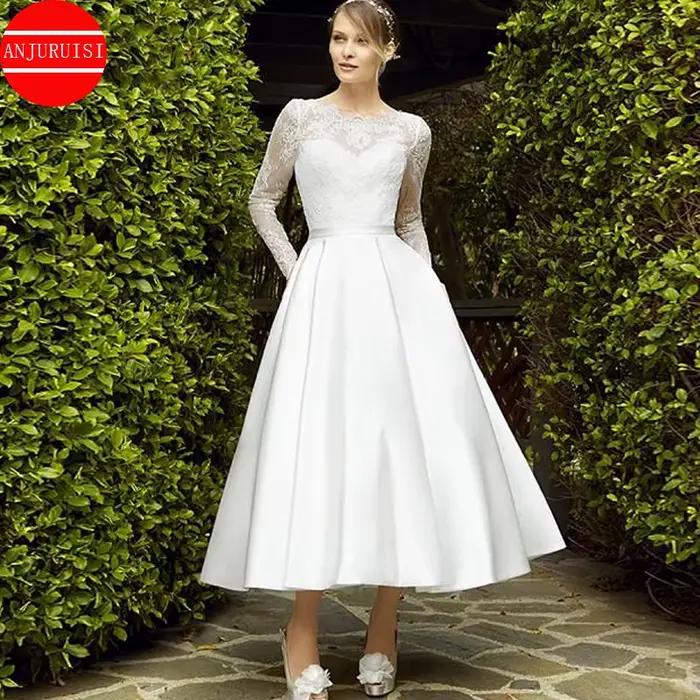 Robes de mariée courtes en satin pour femmes 2026, avec dentelle et manches longues, style simple