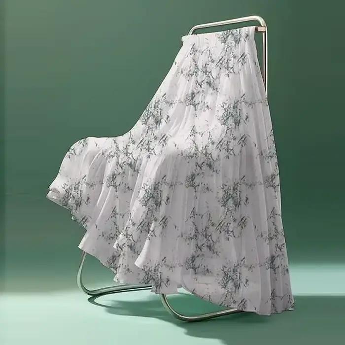 Jupe longue plissée en mousseline blanche à fleurs pour femme - Taille haute, coupe trapèze, décontr