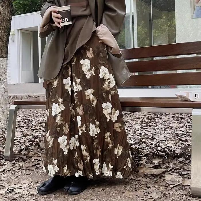 Jupe florale rétro française pour femmes, nouveau Style printemps et automne, jupe longue Maillard, 