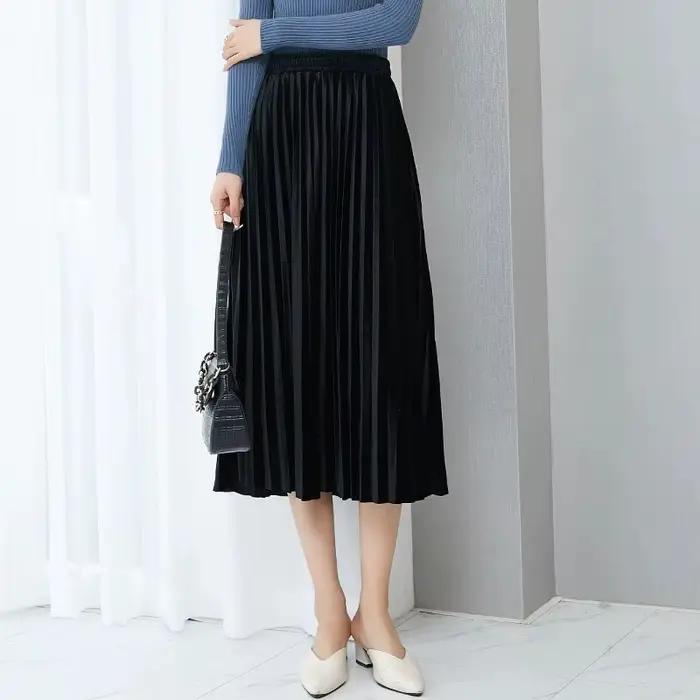 Jupe longue en velours doré pour femmes, jupe plissée élégante, couleur unie, Streetwear, taille hau