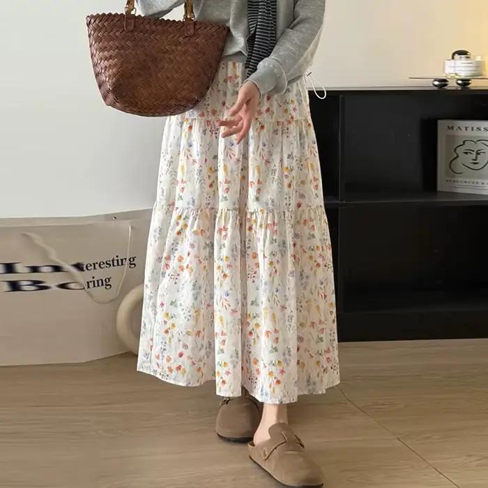 Jupe de maternité Printemps-Été 2026 à imprimé floral, jupe longue pour femmes enceintes, style Mori