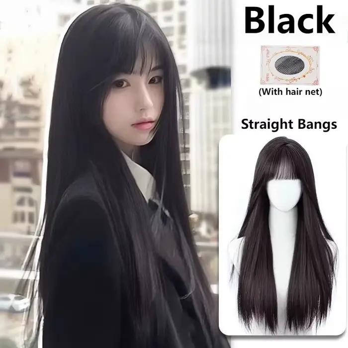 Perruque synthétique longue et lisse noire de 24 pouces avec frange pour femmes, couvre-tête complet