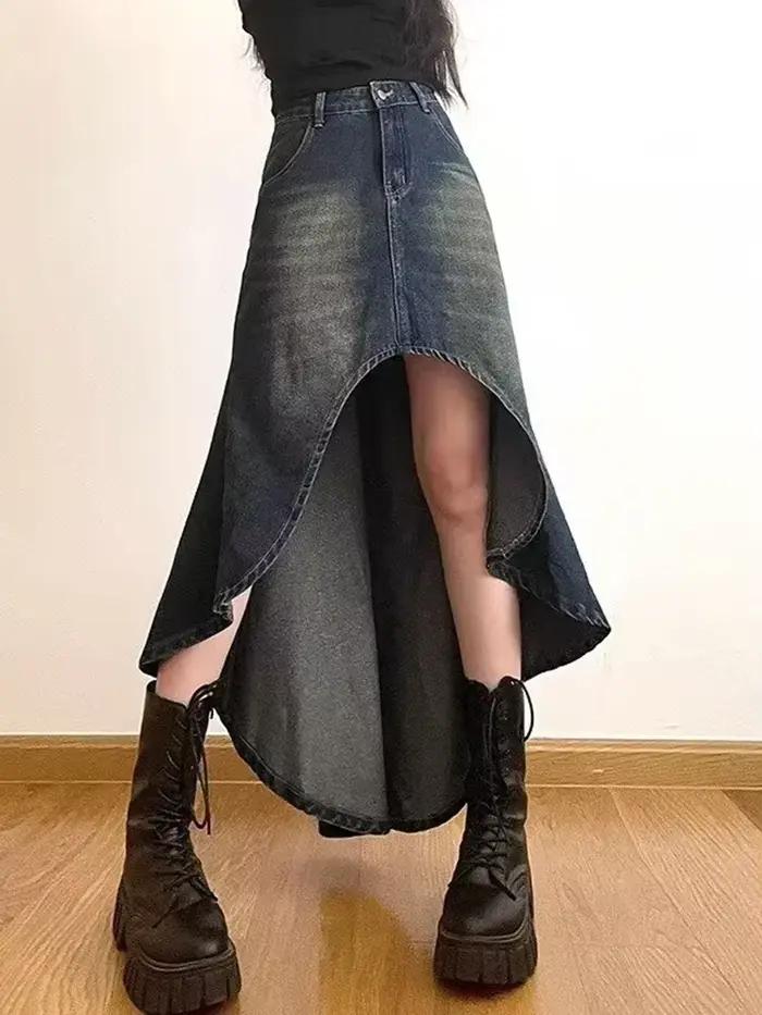 Streetwear rétro Denim jupes femmes été bouton taille haute irrégulière sirène Vintage poches décont