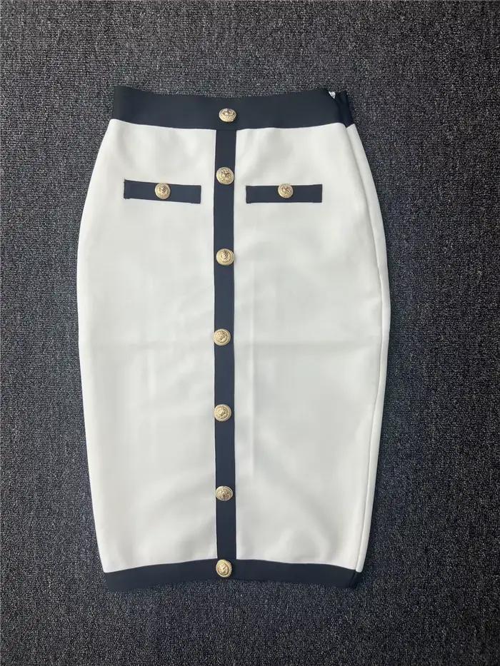 Jupe crayon taille haute pour femme, jupes bandage, noir, blanc, boutons élastiques, longueur genou,