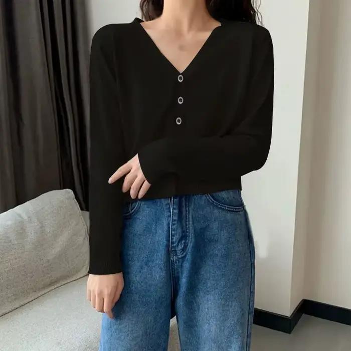 Cardigan court à manches longues pour femme 2026, col en V, boutonné, tricoté, automne-printemps, si