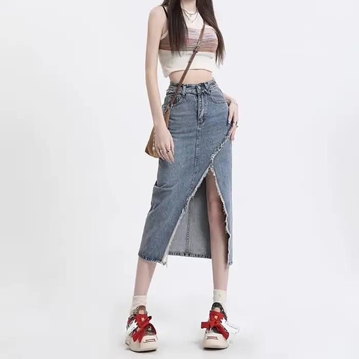 Jupe jean fendue taille haute pour femmes, nouveaux bords rugueux et design de niche, jupe trapèze m