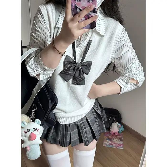 Nouvelle Mini-jupe Plissée Kawaii à Carreaux pour Femme, Style Lolita Cutecore avec Nœud, Taille Haute, Coupe Évasée, Style Harajuku Japonais JK, Été