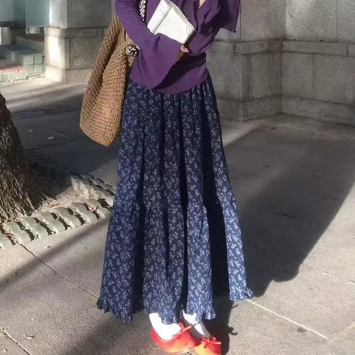 Nouveau élégant bleu foncé à fleurs femmes taille haute rétro bleu jupe florale femme a-ligne jupe décontracté paresseux vent jupe longue