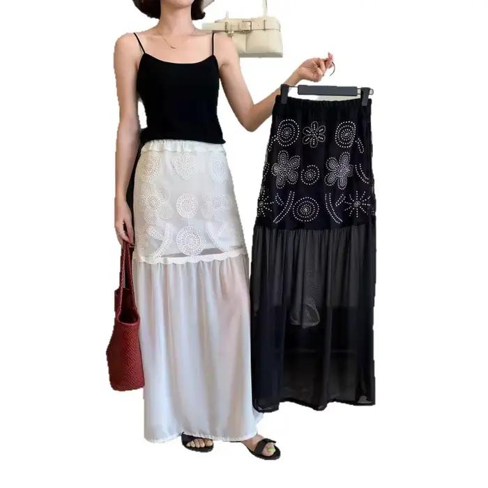 Jupe longue en maille et dentelle pour femme