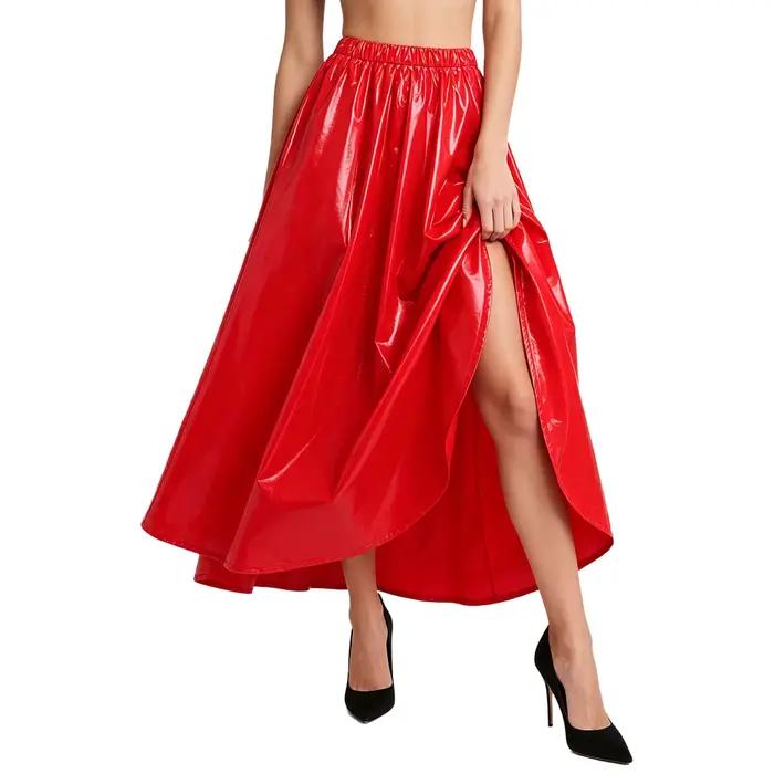 Jupe évasée taille haute pour femme en similicuir effet mouillé, jupe plissée coupe trapèze, jupe longue en vinyle imperméable pour femme, tenue de club