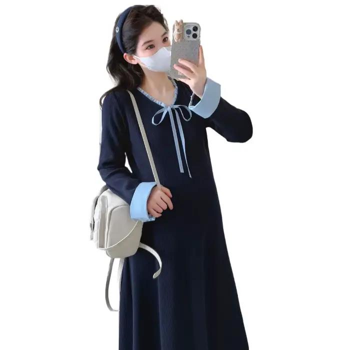 Robe de maternité printemps-automne, style preppy, mignonne, douce, polyvalente, confortable, à manches longues, en tricot, pour femmes enceintes