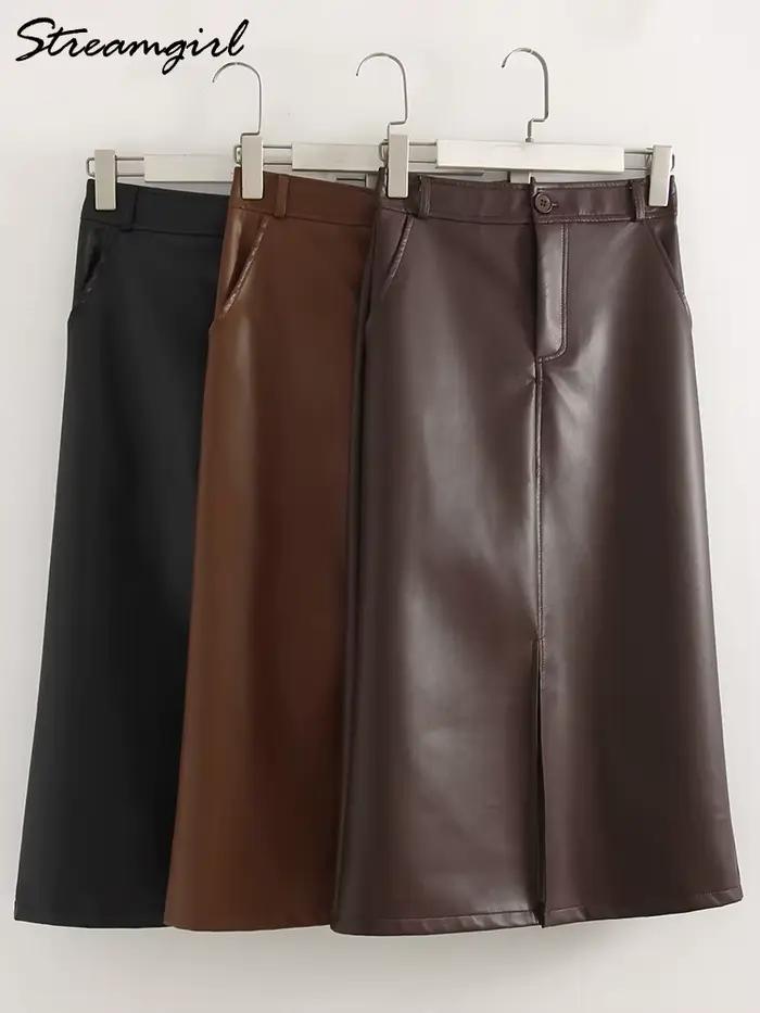 Jupes longues en cuir pour femmes marron haute qualité PU Midi jupe moulante avant fendu taille