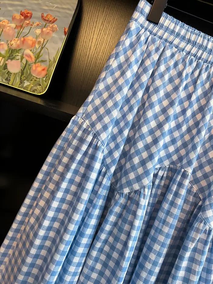 Jupe longue trapèze bleue à carreaux pour femme, style coréen, ample, dissimule les hanches, design unique, décontractée, pour le quotidien