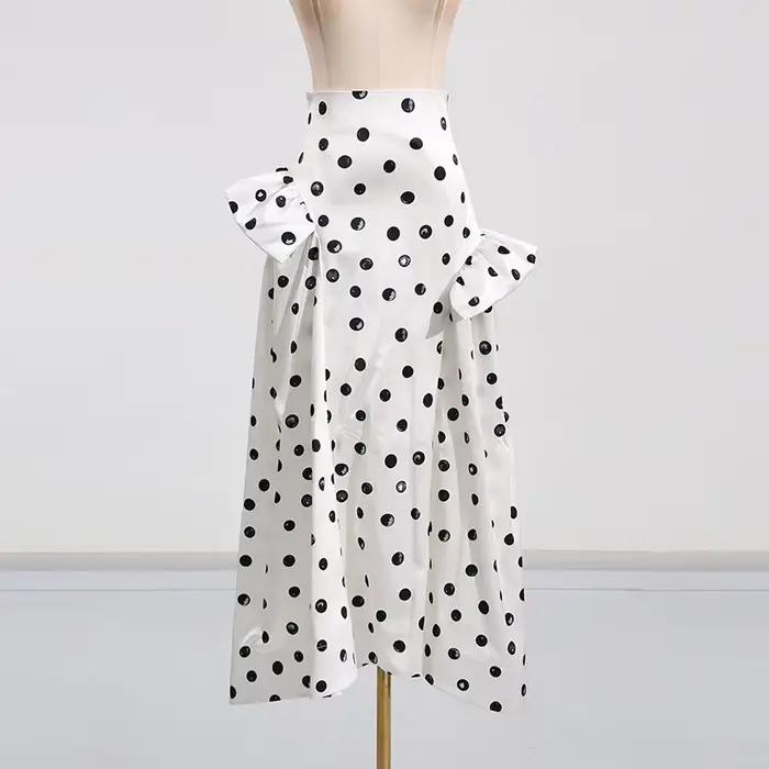 Jupe buste pour femmes nouvelle robe longue plissée à pois noirs high street élégante pour femmes toutes les saisons polyester mi-mollet