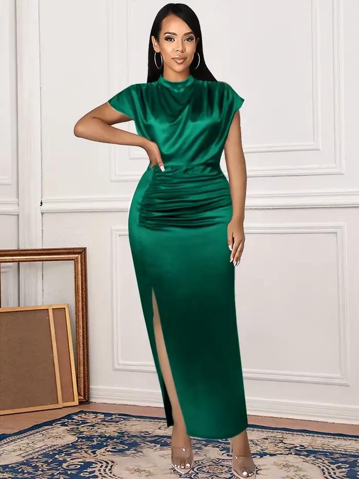Robe Longue Plissée en Satin Vert Bordeaux pour Femme