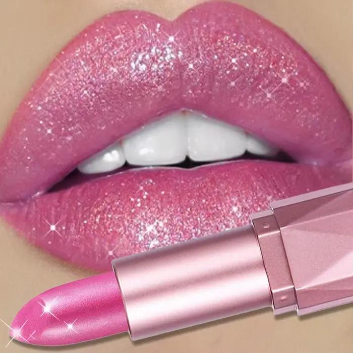 Rouge à lèvres à paillettes diamant rose scintillant, brillant à lèvres en losange métallique, hydratant durable, imperméable, perle, maquillage à haute brillance