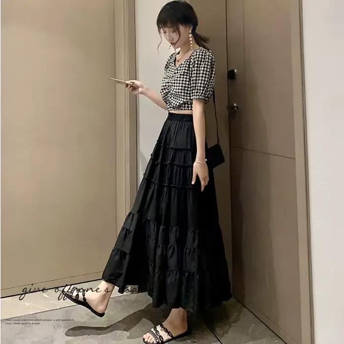 Qiukichonson-Jupe mi-longue en mousseline de soie pour femme, jupes d'été mignonnes, coutures à froufrous, taille haute, ligne A, volants, blanc, noir, mode
