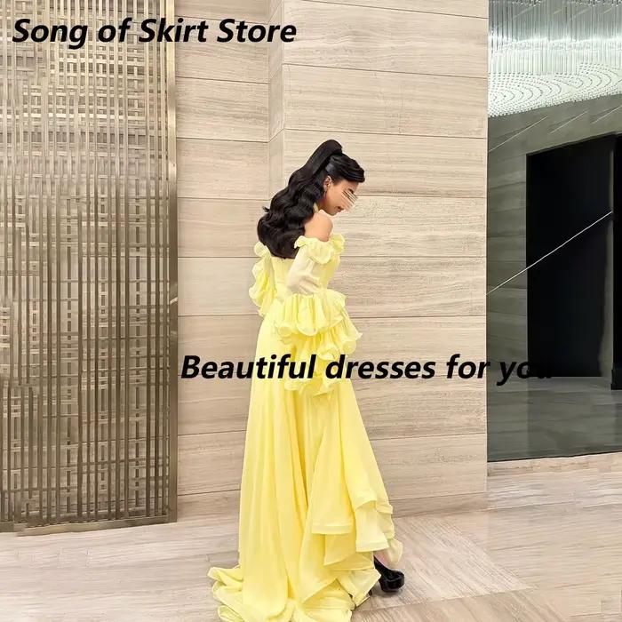 Robe de soirée jaune à épaules dénudées, en mousseline de soie, à manches longues et à volants, coupe trapèze, longue, pour soirée formelle ou invitée de mariage, personnalisable