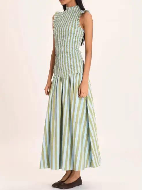 Robe longue de vacances à col semi-montant, sans manches, drapée, style bohème, élégante, taille haute, coupe ajustée, pour soirée