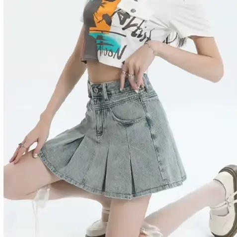 Mini-jupe en jean rétro américaine pour femme, style estival fin, taille haute, amincissante, courte, plissée, coupe trapèze, style frais et doux