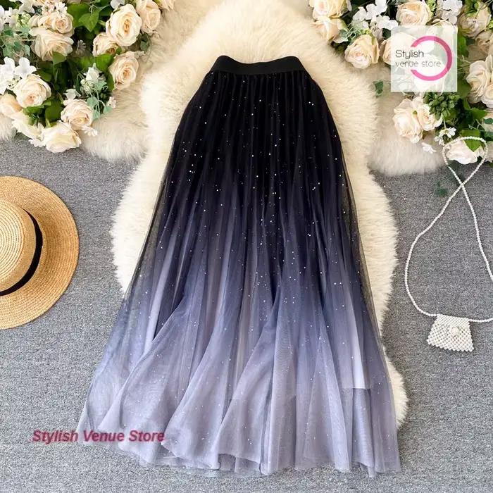 Jupe en gaze dégradée de ciel étoilé français pour femme, nouvelle mode printemps et été, taille haute, jupe plissée en mousseline de soie à paillettes